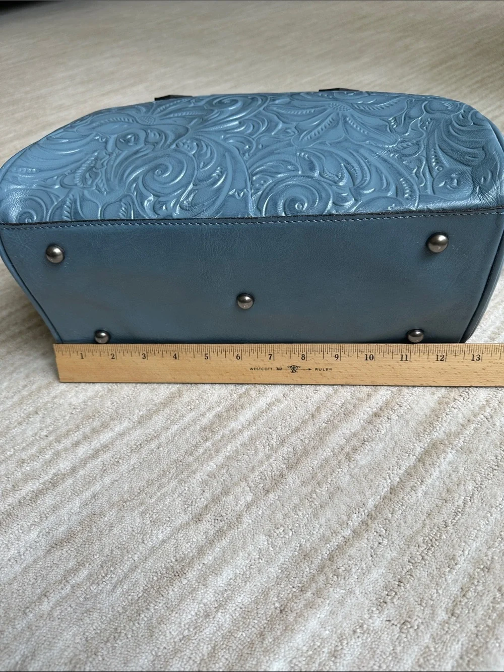 Like New Patricia Nash SKYE Leather HTF Safflower Blue Tooled Embossed Satchel - Picture 15 of 17